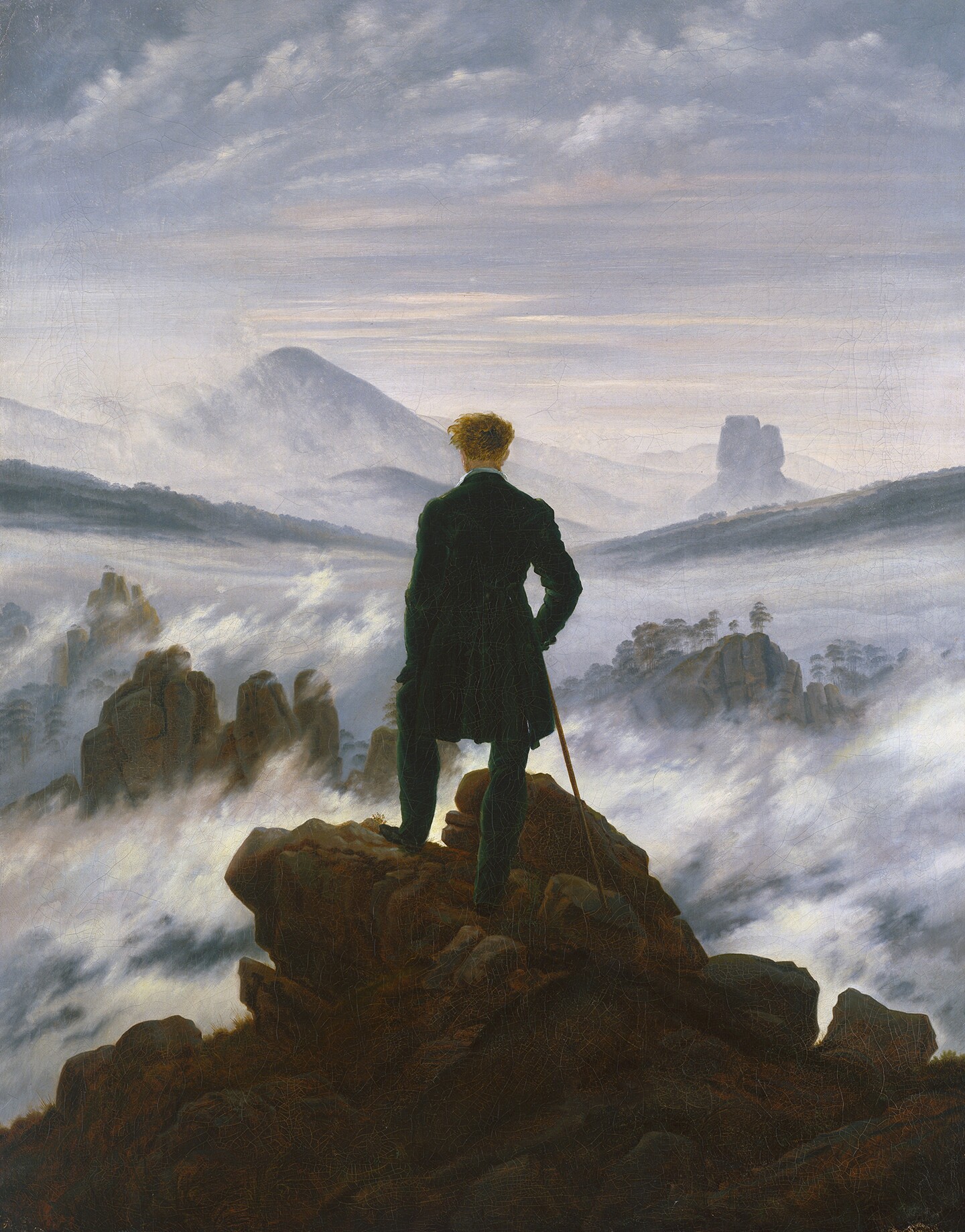 Caspar David Friedrich (1774–1840) Wanderer über dem Nebelmeer, um 1817 Öl auf Leinwand, 94,8 x 74,8 cm Dauerleihgabe der Stiftung Ham¬burger Kunstsammlungen © SHK / Hamburger Kunsthalle / bpk Foto: Elke Walford