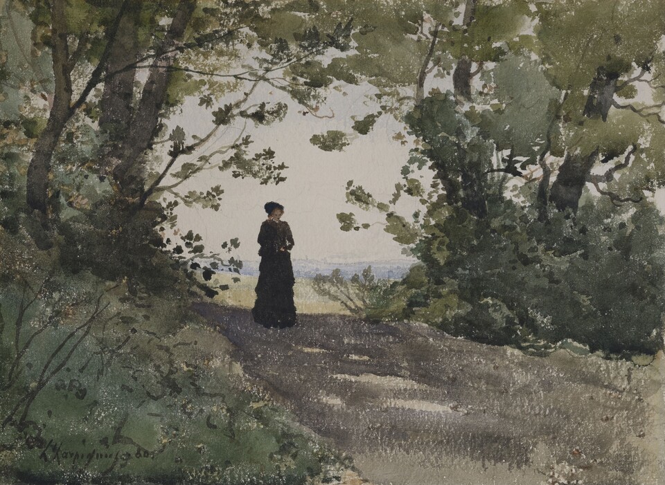 Henri Joseph Harpignies (1819-1916) Frau auf einem Waldweg (Detail), 1880   Aquarell, 280 x 400 mm Sammlung Wormsbächer, Hamburg © Foto: Christoph Irrgang, Hamburg