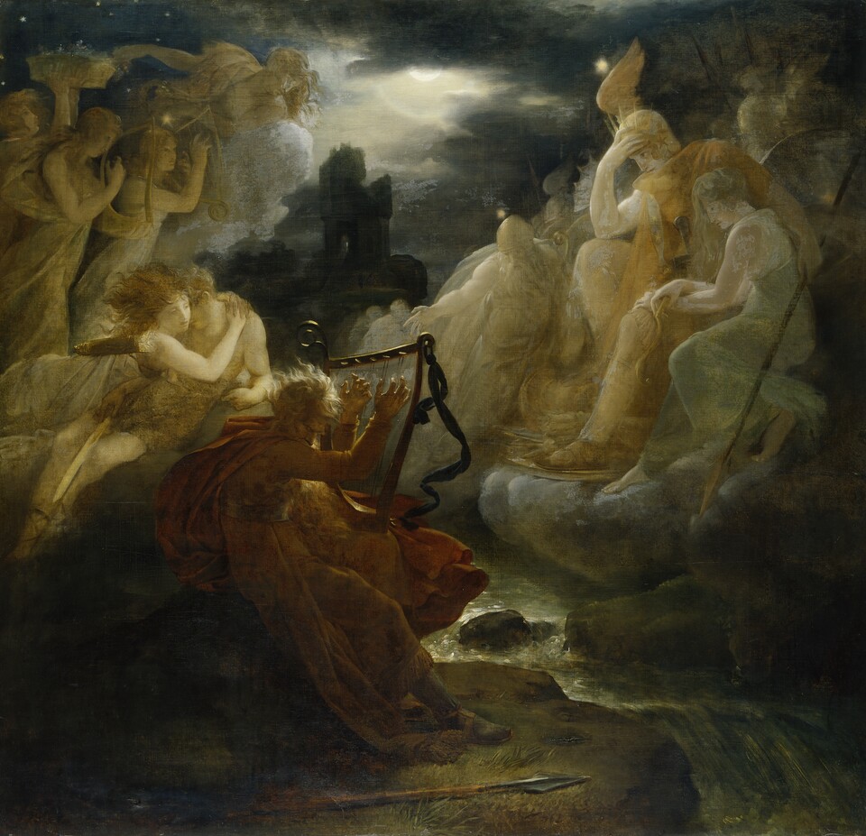 François Gérard (1770–1837)  Ossian am Ufer der Lora beschwört die Geister beim Klang der Harfe, um 1810, Hamburger Kunsthalle  © Hamburger Kunsthalle / bpk Foto: Elke Walford