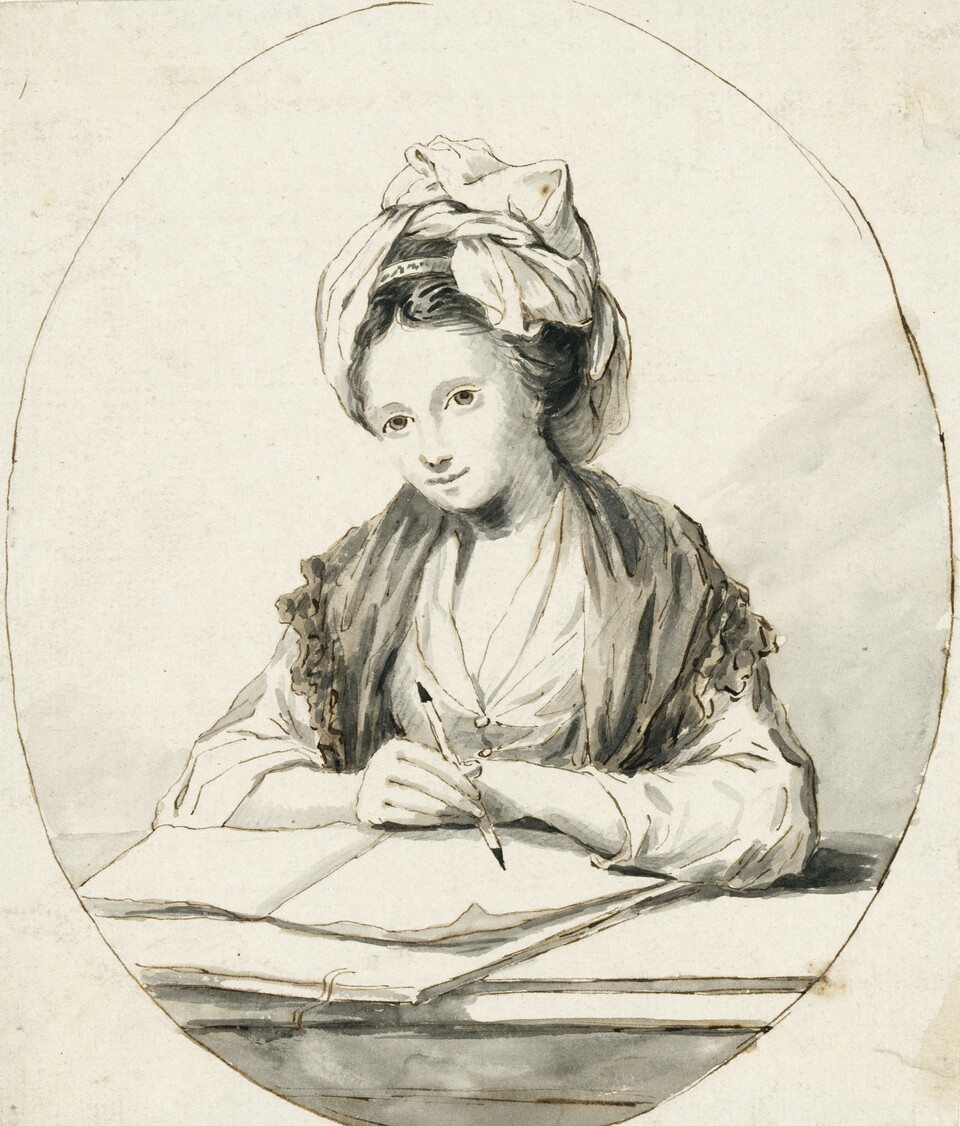Angelica Kaufmann (1741–1807) Jugendliches Selbstbildnis als  Zeichnerin, um 1770 Feder in Braun, braun und grau laviert, 190 x 161 mm Hamburger Kunsthalle, Kupferstichkabinett © Hamburger Kunsthalle / bpk  Foto: Christoph Irrgang