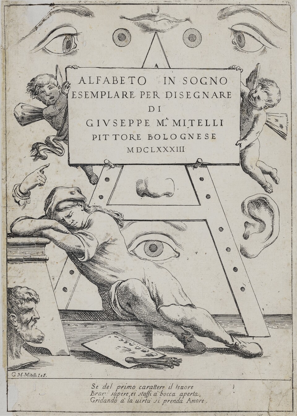 Giuseppe Maria Mitelli (1634– 1718) Alfabeto in Sogno […], Bologna, 1683 (Titelblatt; Kupferstich) Hamburger Kunsthalle, Bibliothek © Hamburger Kunsthalle / bpk Foto: Christoph Irrgang