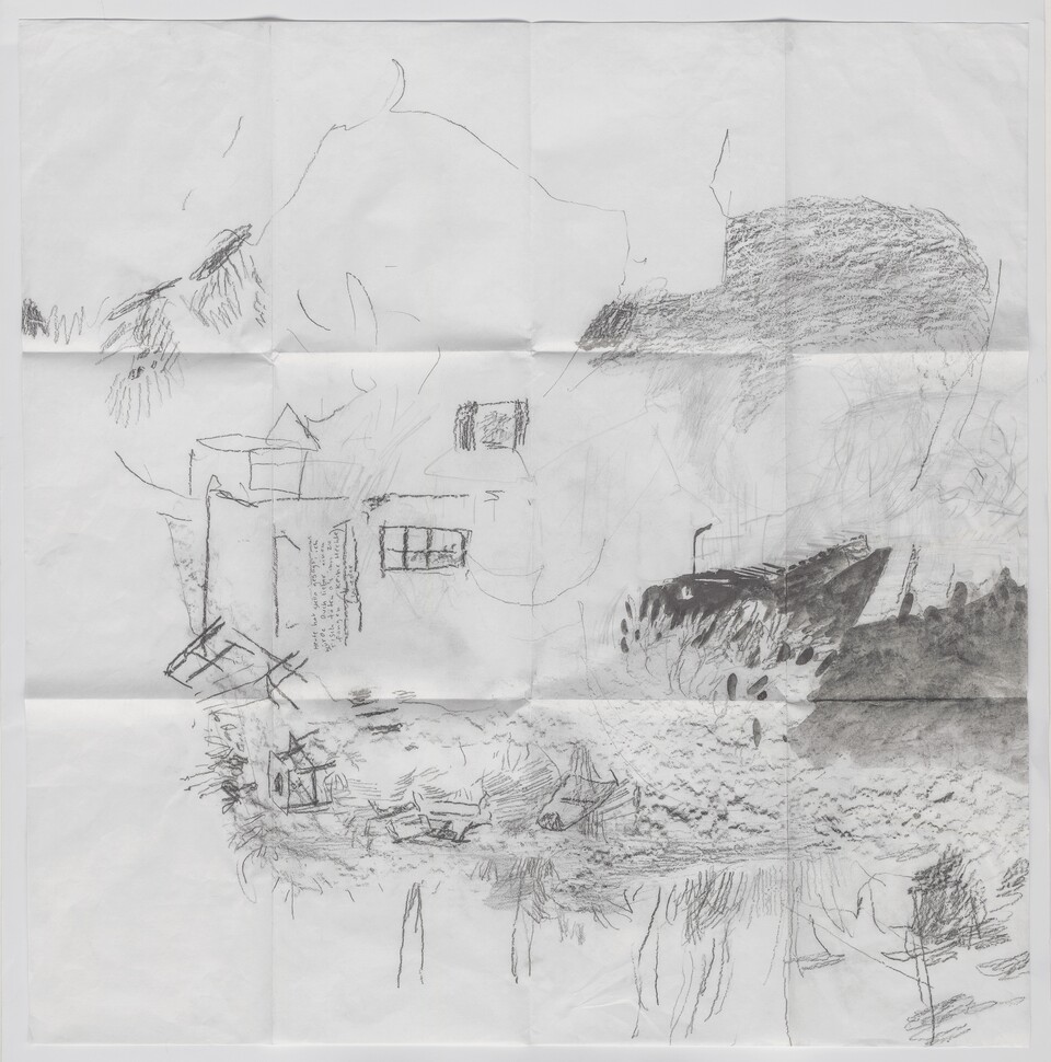 Fedele Maura Friede (*1997) Topografische Studien: Barcelona – Leipzig – Halmstad (5)(2024) Grafit auf Japanpapier, 69 x 67 cm © Fedele Maura Friede Foto: Christoph Irrgang