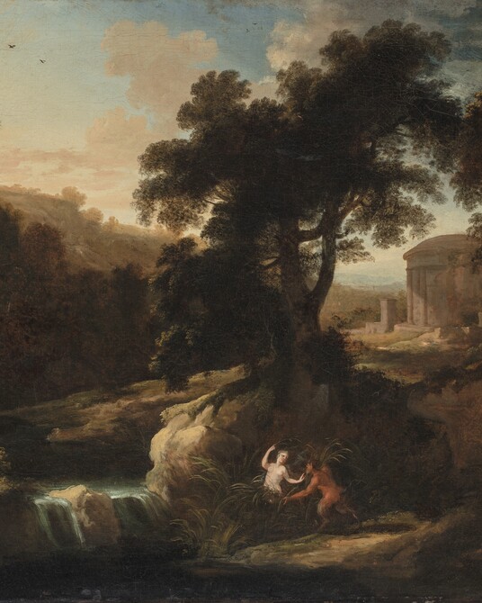 Pierre-Antoine Patel (1648 - 1708), Nymphe und Satyr / Landschaft mit allegorischer Darstellung (Detailaufnahme), 2. Hälfte 17. Jh., 51 x 61,8 cm, © Hamburger Kunsthalle / bpk  Foto: Christoph Irrgang