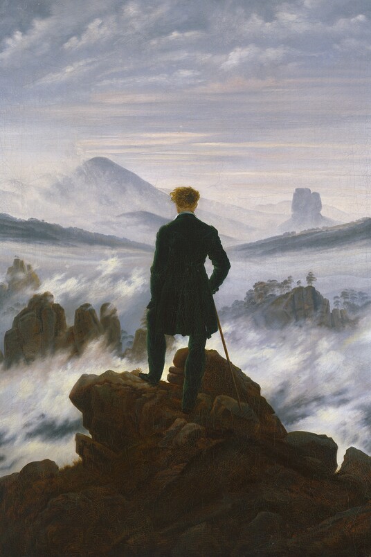 Caspar David Friedrich (1774–1840) Wanderer über dem Nebelmeer, um 1817 Öl auf Leinwand, 94,8 x 74,8 cm Dauerleihgabe der Stiftung Ham¬burger Kunstsammlungen © SHK / Hamburger Kunsthalle / bpk Foto: Elke Walford