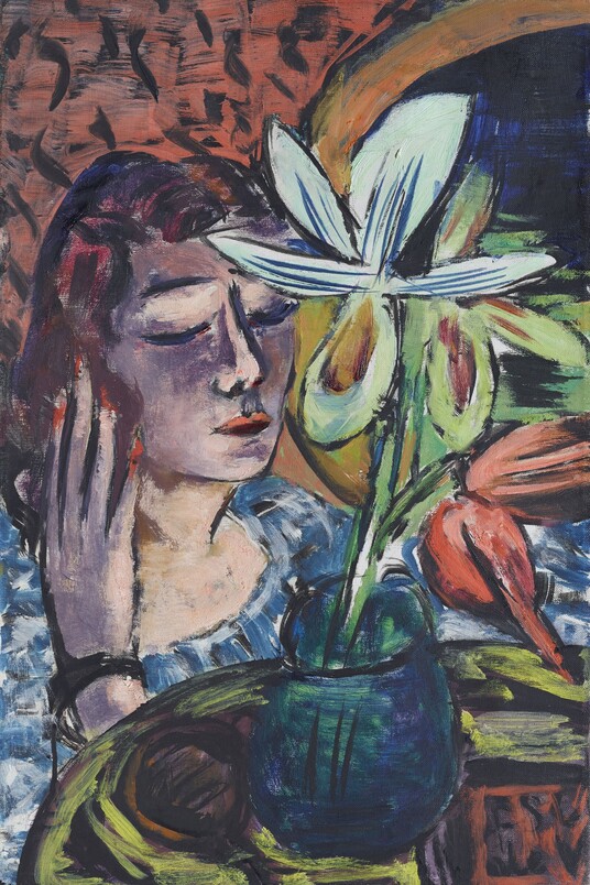 Max Beckmann (1884-1950) Frau mit Orchidee, 1940 Öl auf Leinwand, 60,5 x 40 cm Courtesy Galerie Pels-Leusden AG, Zürich © VG Bild-Kunst, Bonn 2014 Photo: Peter Schälchli, Zürich