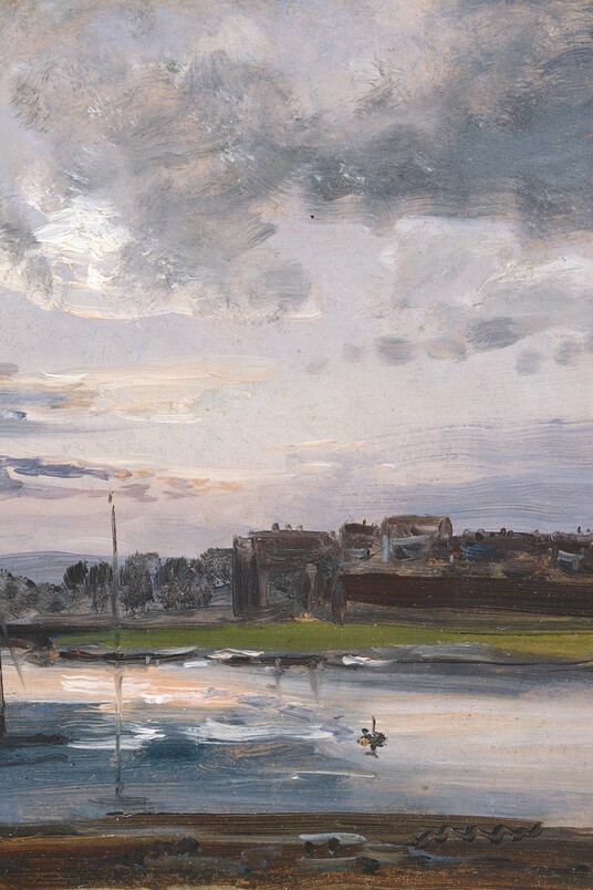 Johan Christan Dahl (1788–1857)  Elbe und Neustädter Ufer in Dresden im Abendlicht, 1837 Öl auf Papier, 25,7 x 35 cm  Foto: Elke Walford Bis 27.5.2021: Hamburger Kunst-halle, erworben mit den Mitteln der Campe’schen Historischen Kunst¬stiftung, 1988  Ab 27.5.2021: Carl-Blechen-Sammlung der Stadt Cottbus bei der Stiftung Fürst-Pückler-Museum Park und Schloss Branitz © Stiftung Fürst-Pückler-Museum Park und Schloss Branitz