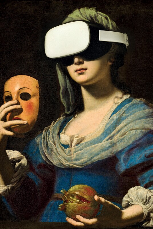 Veränderte Reproduktion des Gemäldes Allegorie der Täuschung, um 1640 von Lorenzo Lippi (1606–1665),  Öl auf Leinwand, 72,5 x 58,5 cm Musées d'Angers © Musées d'Angers, RMN-Grand Palais / Benoît Touchard