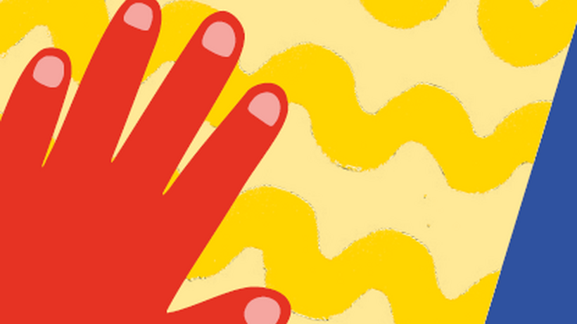 Cover unsere Kinderkunstbox: Rote Hand auf einem gelben Heft