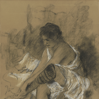 Lovis Corinth, Nach dem Bade -Strumpf anziehende Frau, 1906,Kohle und weiße Kreide auf festem bräunlichem Papier, 48,5 x 32 cm, © Hamburger Kunsthalle / bpk Foto: Christoph Irrgang