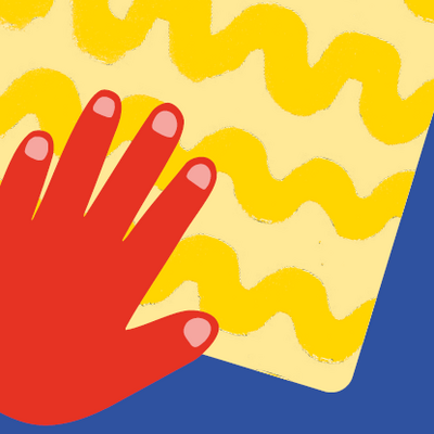 Cover unsere Kinderkunstbox: Rote Hand auf einem gelben Heft