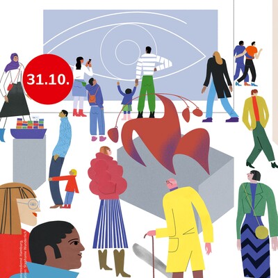 #seeforfree25_Teaser, Ein grahisches Bild mit Museumsbesuchern jeden Alters