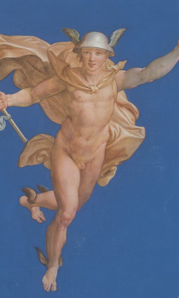 Erwin Speckter (1806–1835), zugeschrieben, nach Raffael,  eigentlich Raffaello Santi oder Sanzio (1483–1520) Merkur schwebt vom Olymp herab, (Kopie nach der Figur in der Loggia der Villa Farnesina, Rom), 1830/35  Gouache, 580 x 442 mm (Blatt) © Hamburger Kunsthalle, Kupfer-stichkabinett / bpk Foto: Christoph Irrgang
