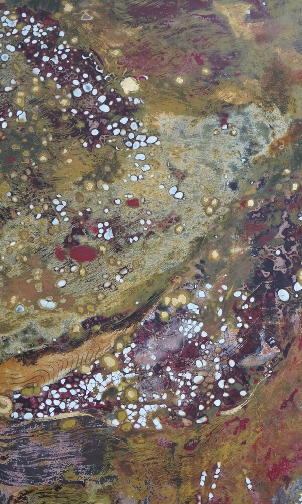 Truong Công Tùng, Day Wanes… Night Waxes, 2025 – ongoing, Detail: laquer on wood, egg shells, silver leaf, gold leaf, time and temperature, Series of 4 lacquer paintings, 160 x 90 x 5 each, Courtesy of the artist